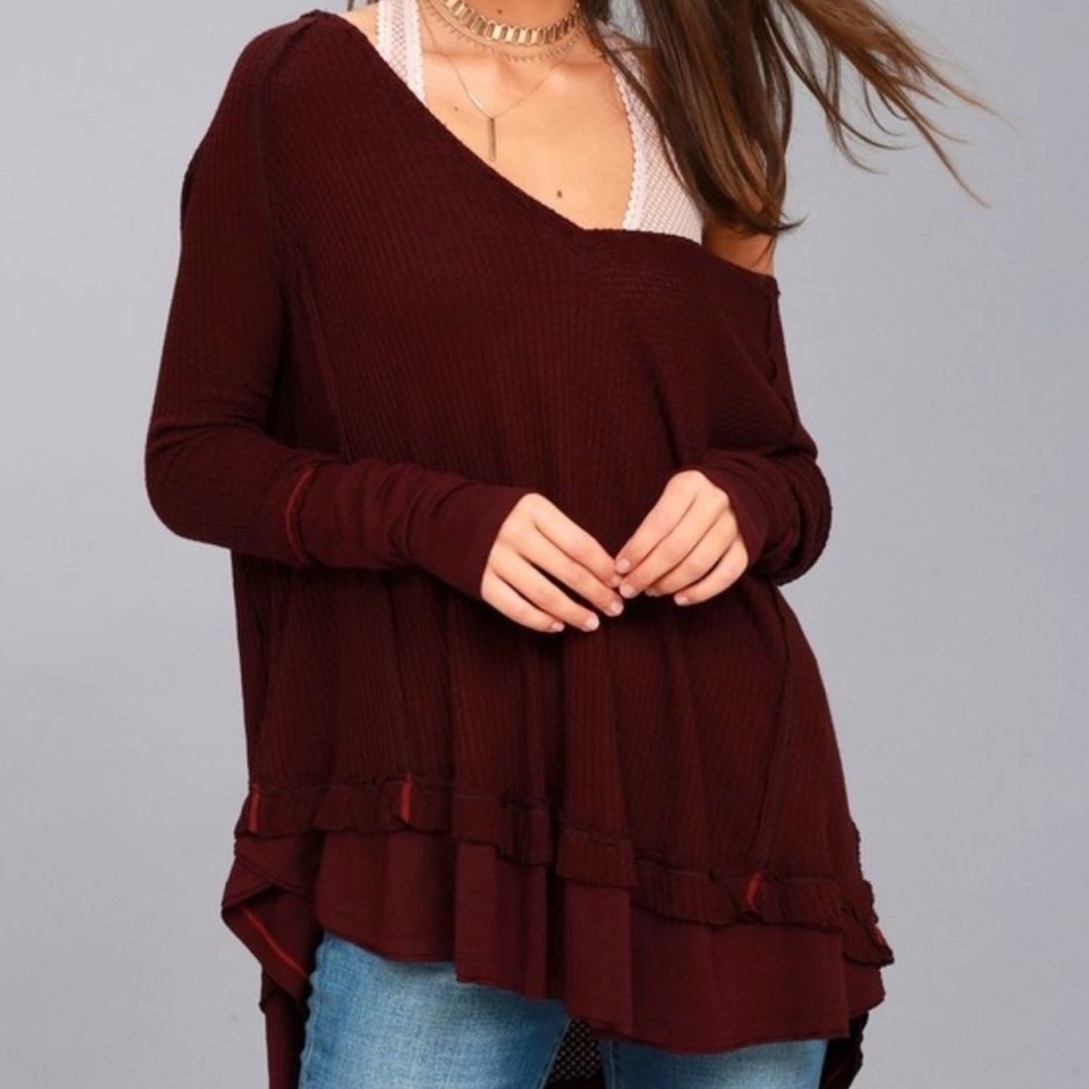 Free People Burgundy Thermal Off-Shoulder Long Sleeve V-Neck Sweater Size Medium